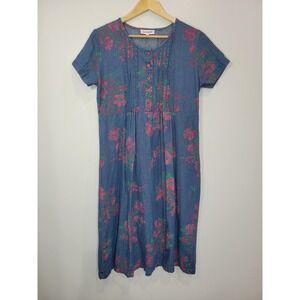 Serengeti Womens Blue Floral Denim Pintuck Short Sleeve Midi Dress Medium